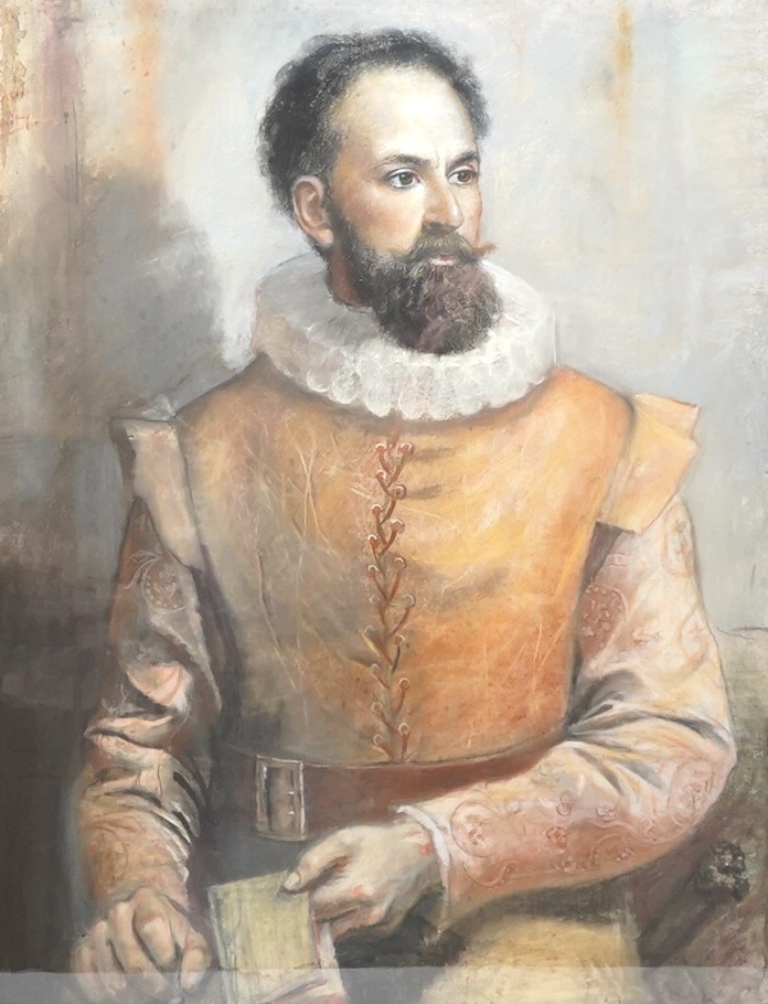 19th century School, Portrait of a gentleman possibly Francisco Pizarro, Conquistador (1475-1571), seated three quarter length wearing a leather tunic and white ruff and holding a letter, indistinctly signed, oil and mix